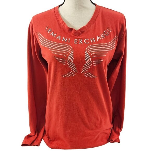 Armani Exchange A/X Women’s Size Small Red V-Neck Long Sleeve Cotton T-shirt - Picture 3 of 15